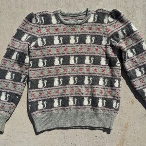 Vintage 80s Cat Fair Isle Sweater XS Gray Cottagecore Angora Look Knit Novelty